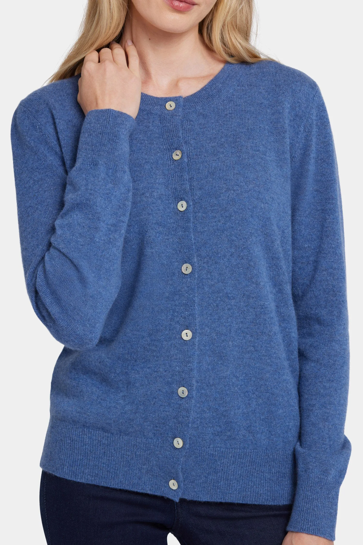 Cashmere Crewneck Cardigan - Heather Blue