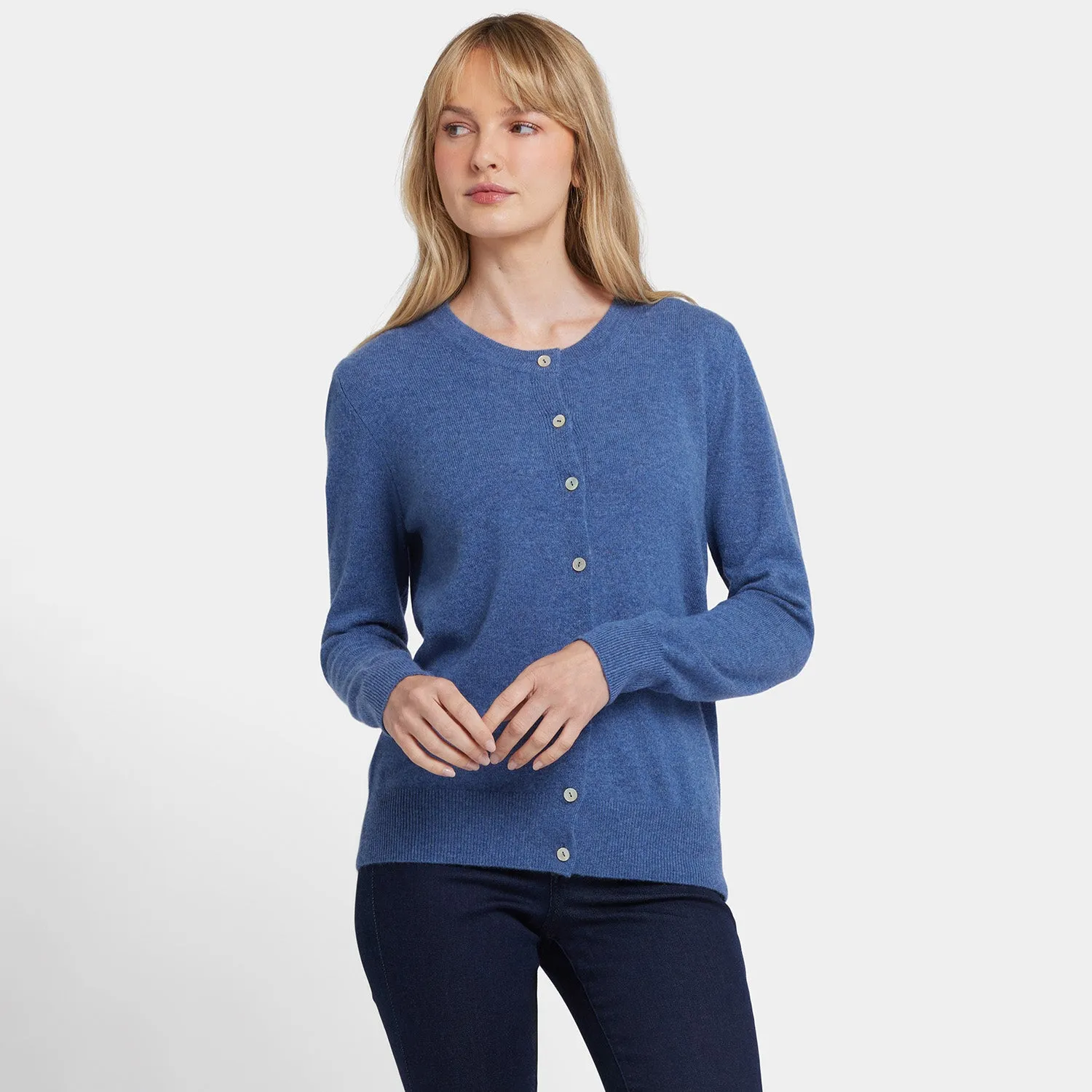 Cashmere Crewneck Cardigan - Heather Blue