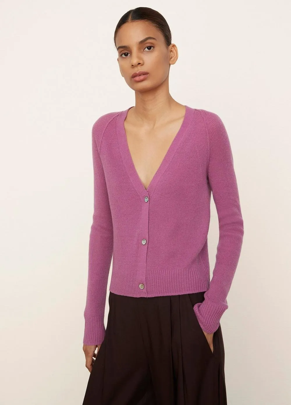 Cashmere Ribbed Raglan Cardigan in Camellia