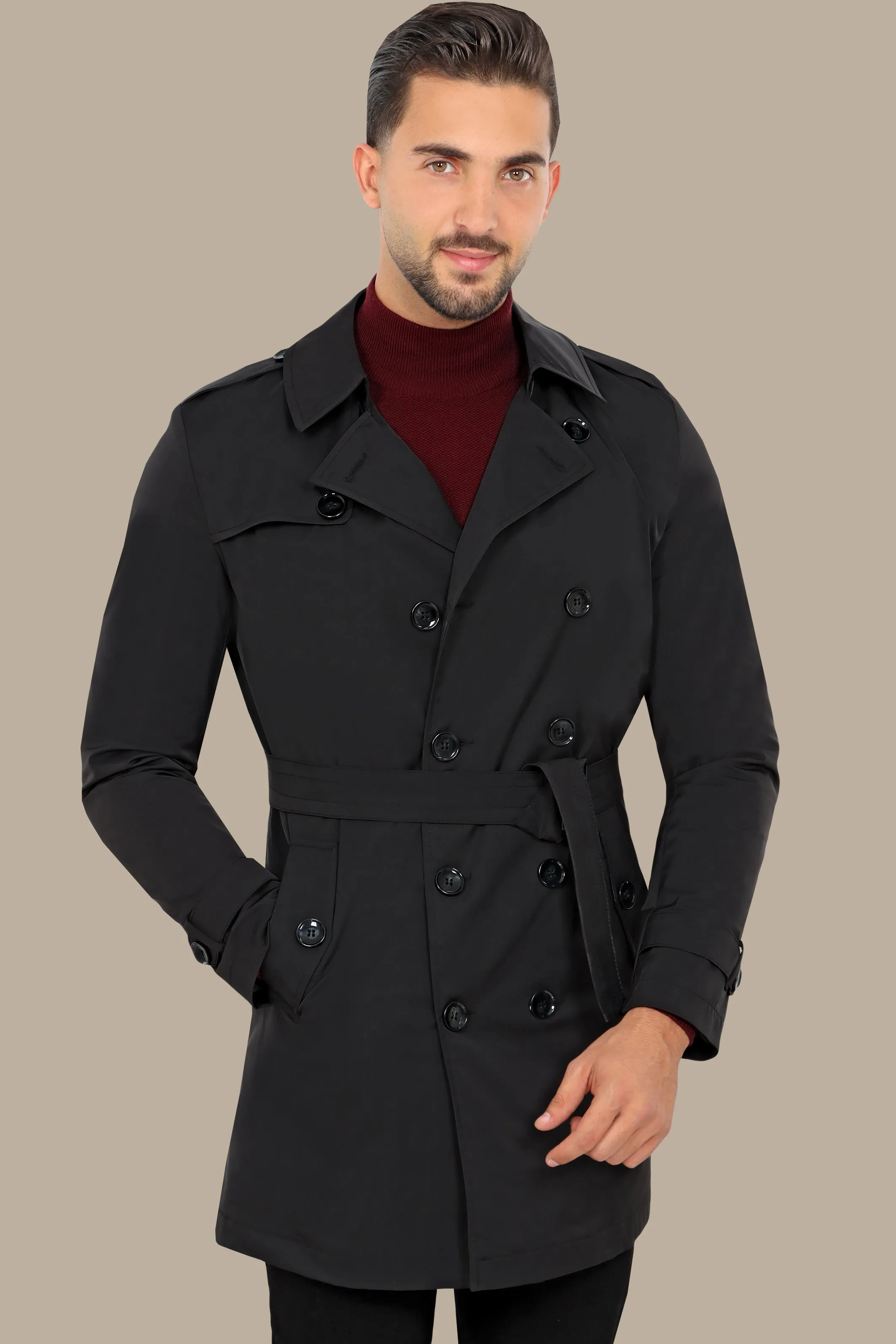 Classic Double-Breasted Black Trench Coat