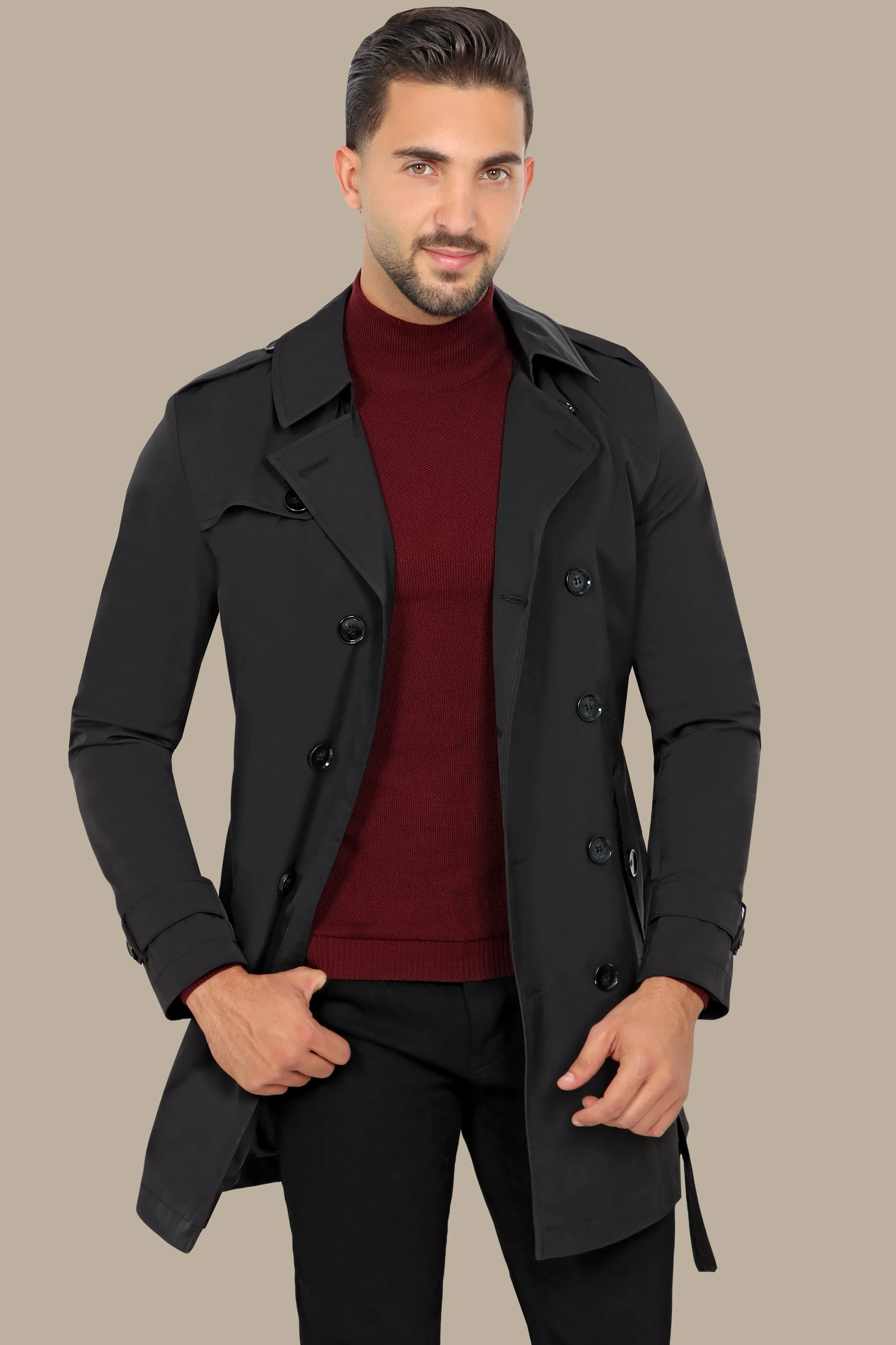 Classic Double-Breasted Black Trench Coat