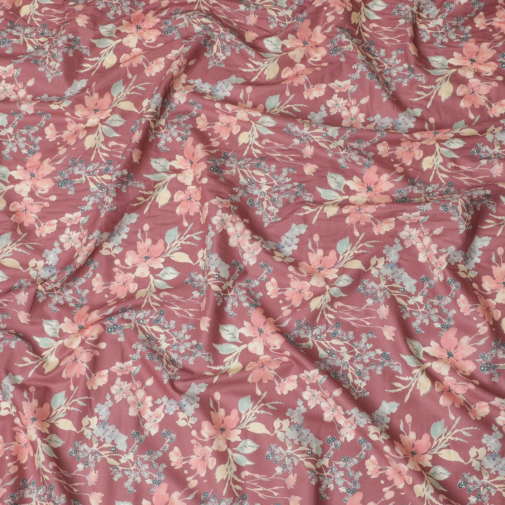 Copper brown cotton satin fabric with multicolor print in floral design-D16777