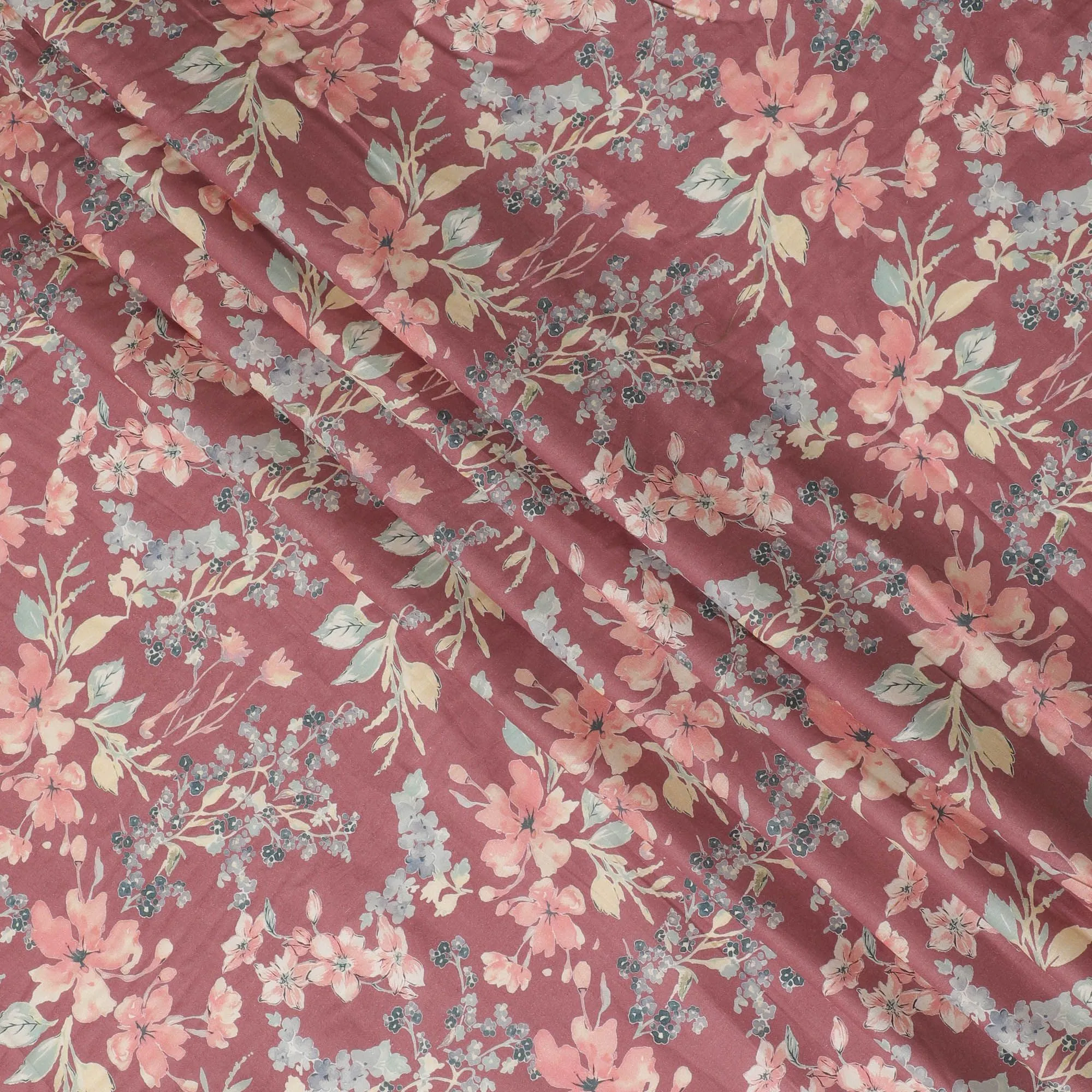 Copper brown cotton satin fabric with multicolor print in floral design-D16777