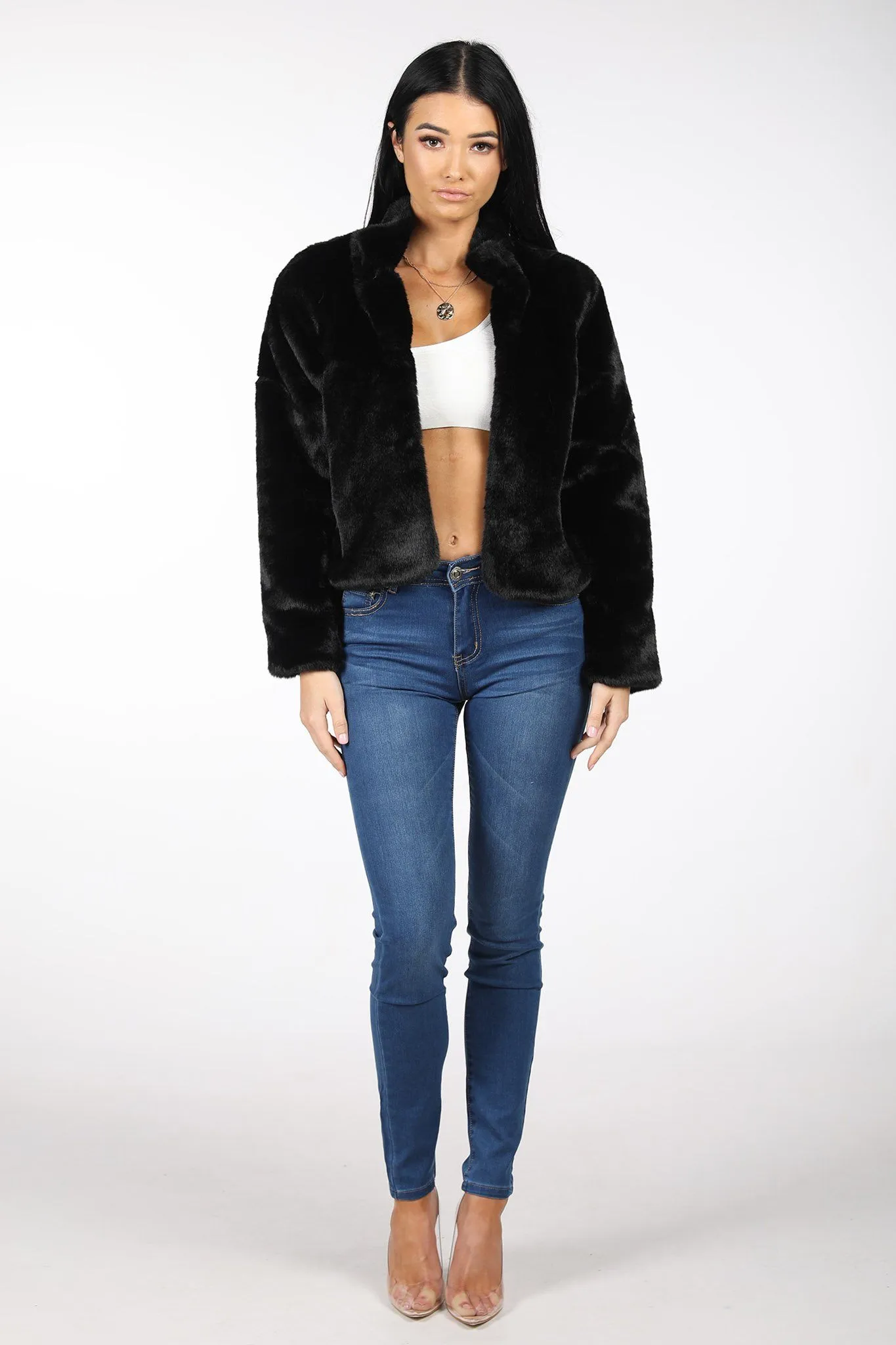 Cropped Faux Fur Coat - Black