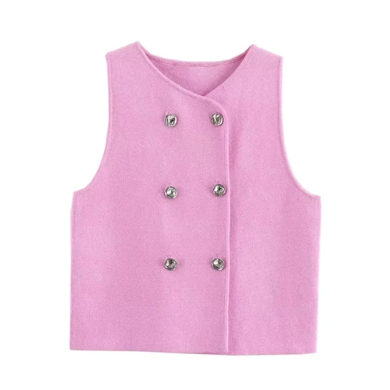 Double-Breasted Crop Vest Knitted Sleeveless Topper