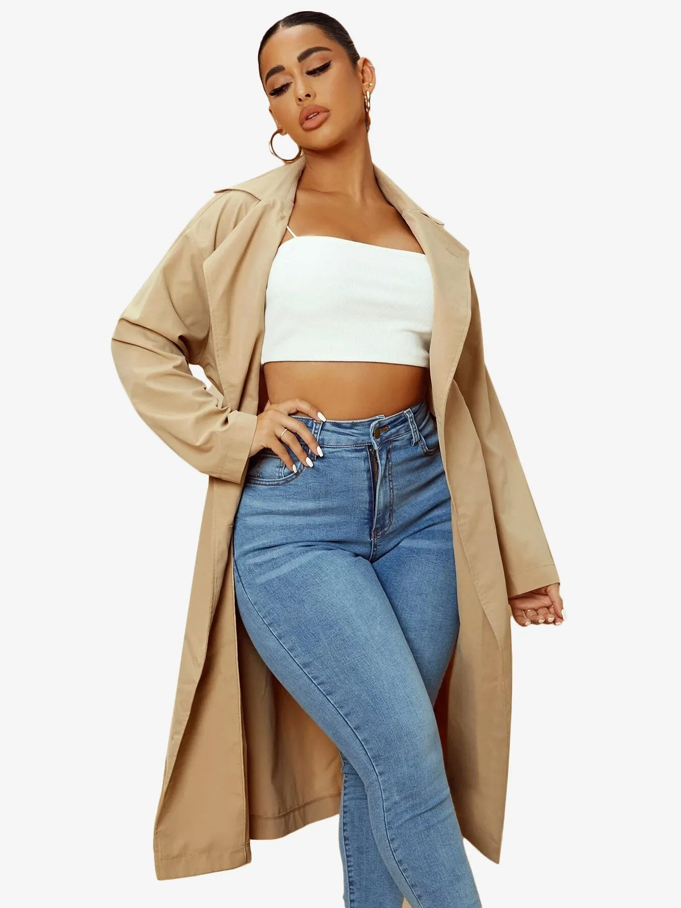 Double Breasted Lapel Neck Belted Trench Coat