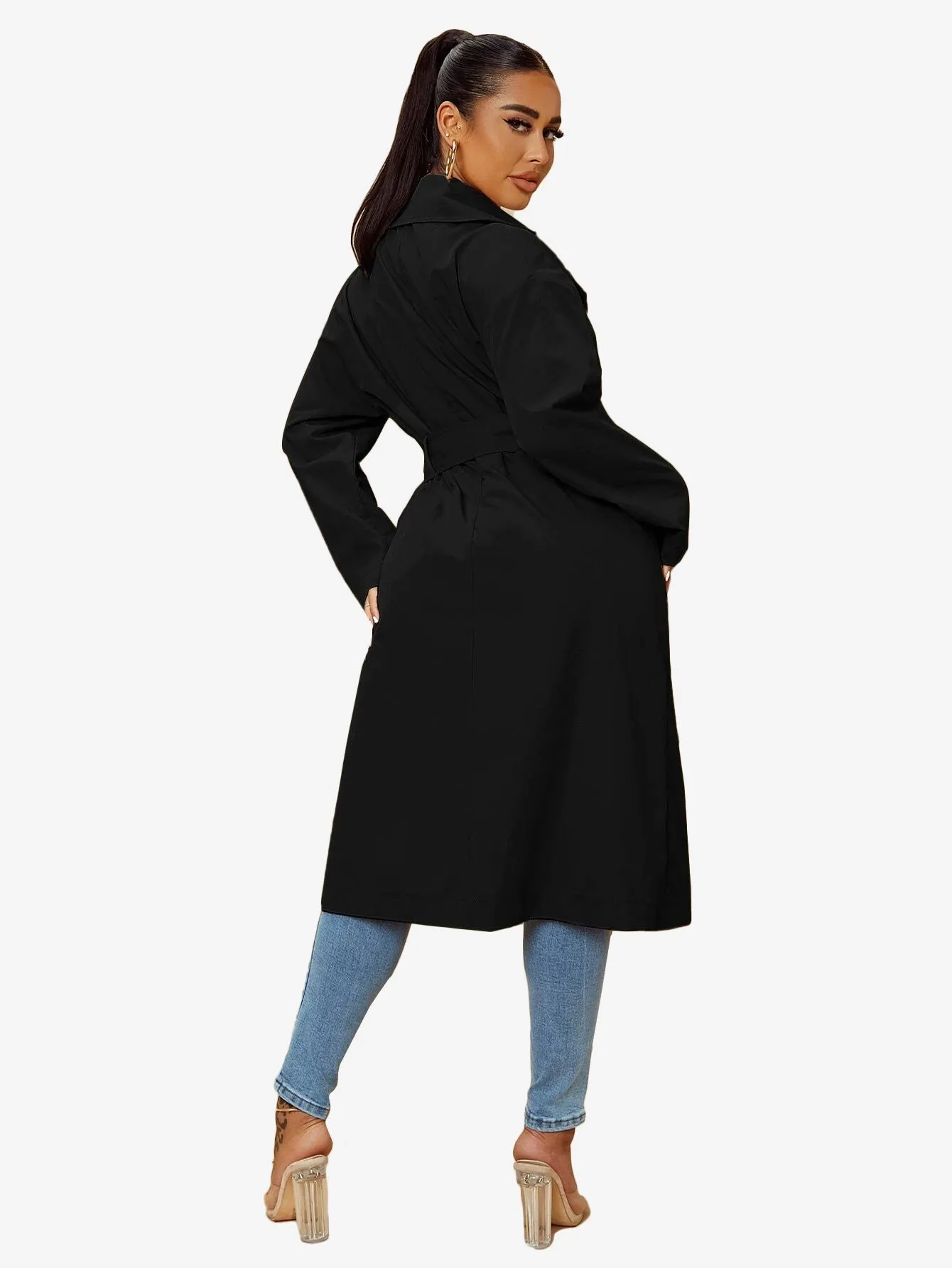 Double Breasted Lapel Neck Belted Trench Coat