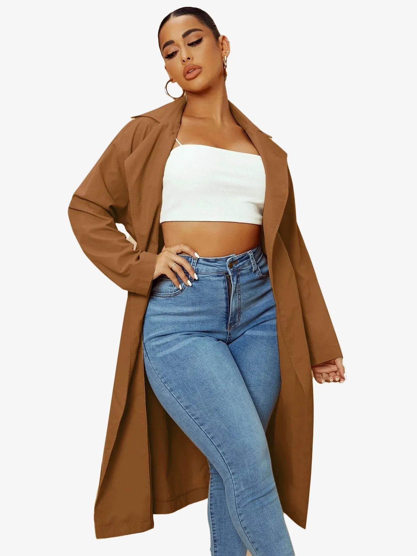 Double Breasted Lapel Neck Belted Trench Coat