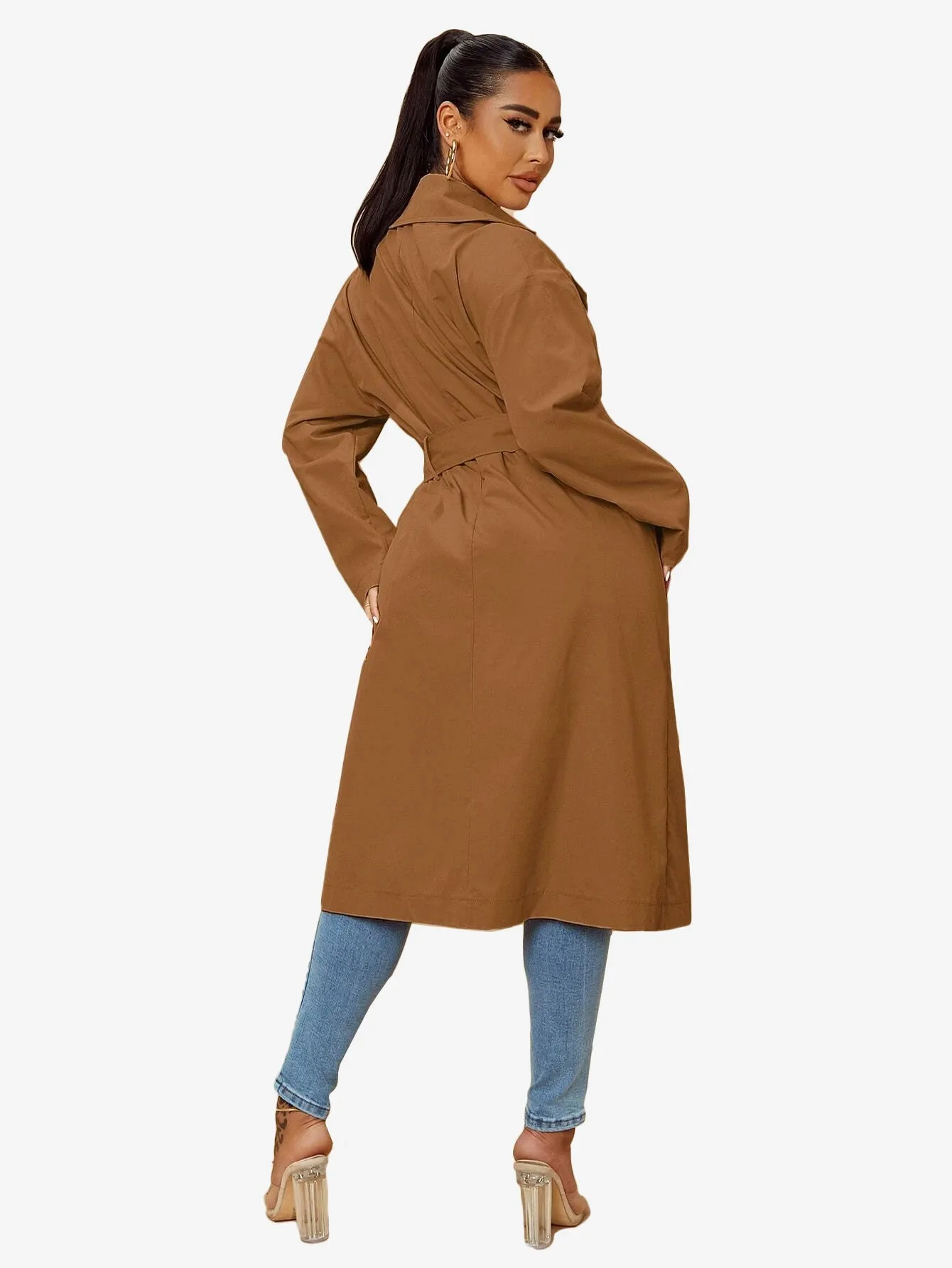 Double Breasted Lapel Neck Belted Trench Coat