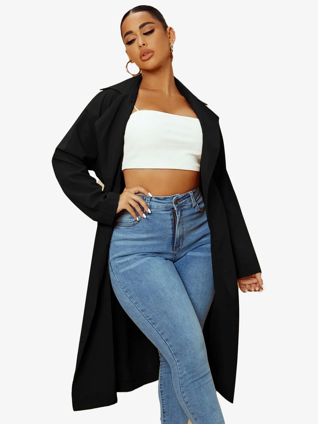 Double Breasted Lapel Neck Belted Trench Coat