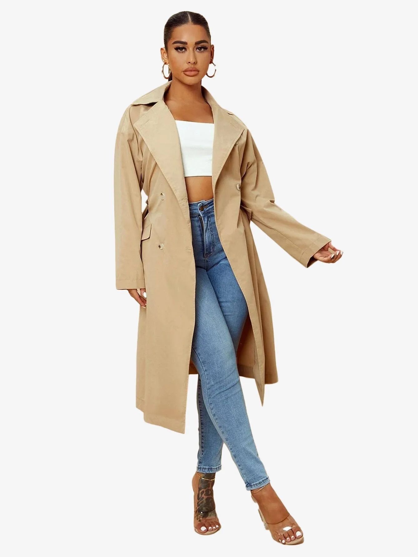 Double Breasted Lapel Neck Belted Trench Coat