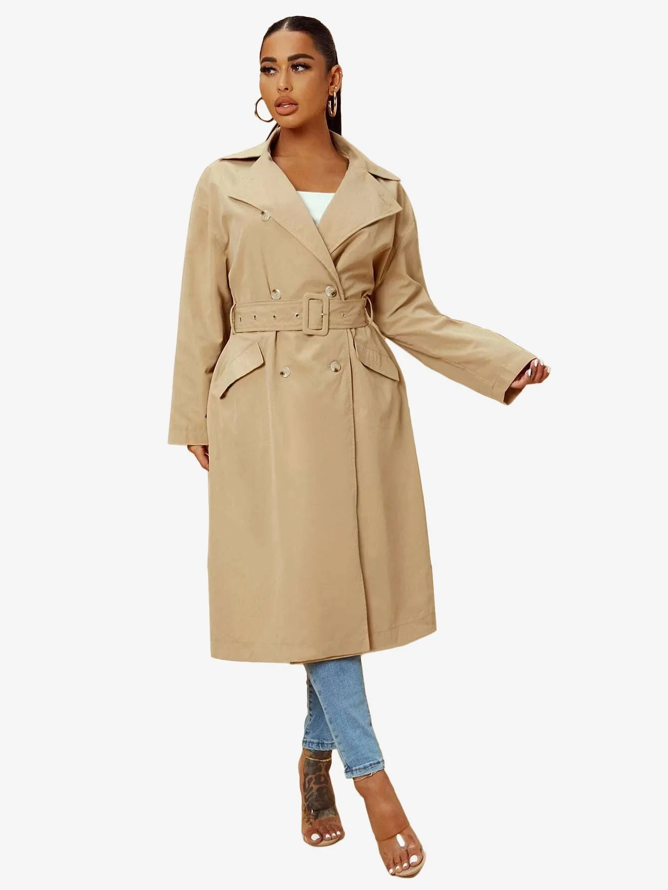 Double Breasted Lapel Neck Belted Trench Coat