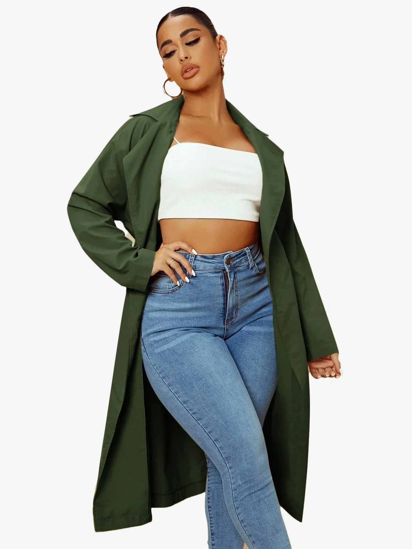 Double Breasted Lapel Neck Belted Trench Coat