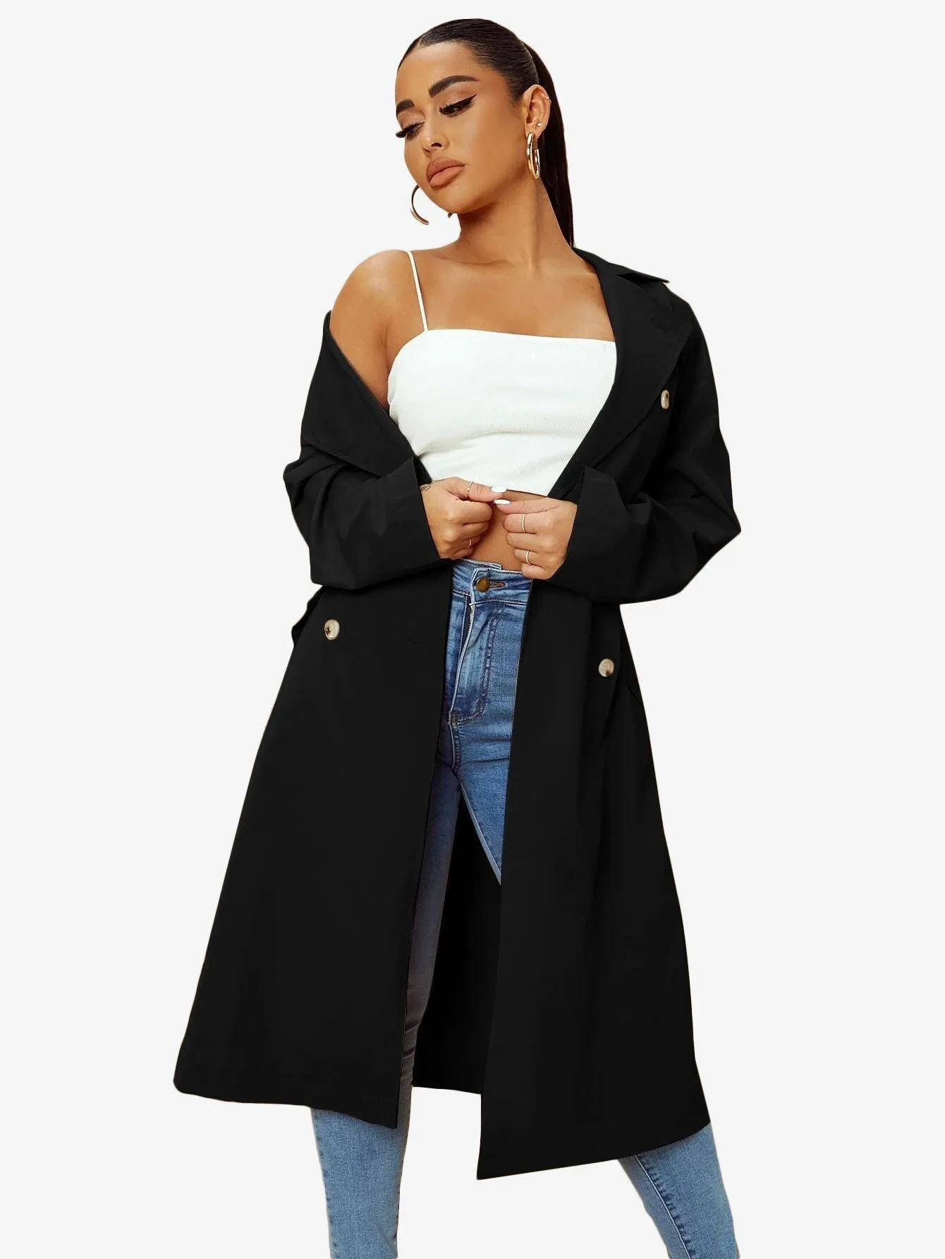 Double Breasted Lapel Neck Belted Trench Coat