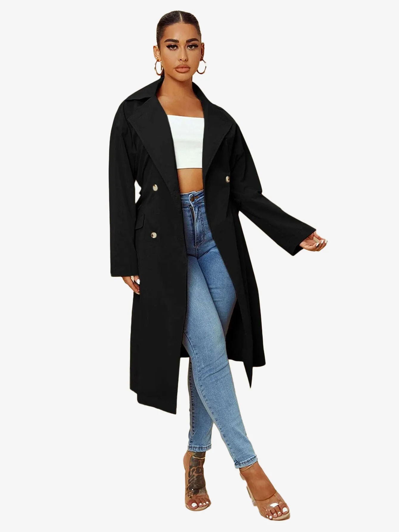 Double Breasted Lapel Neck Belted Trench Coat