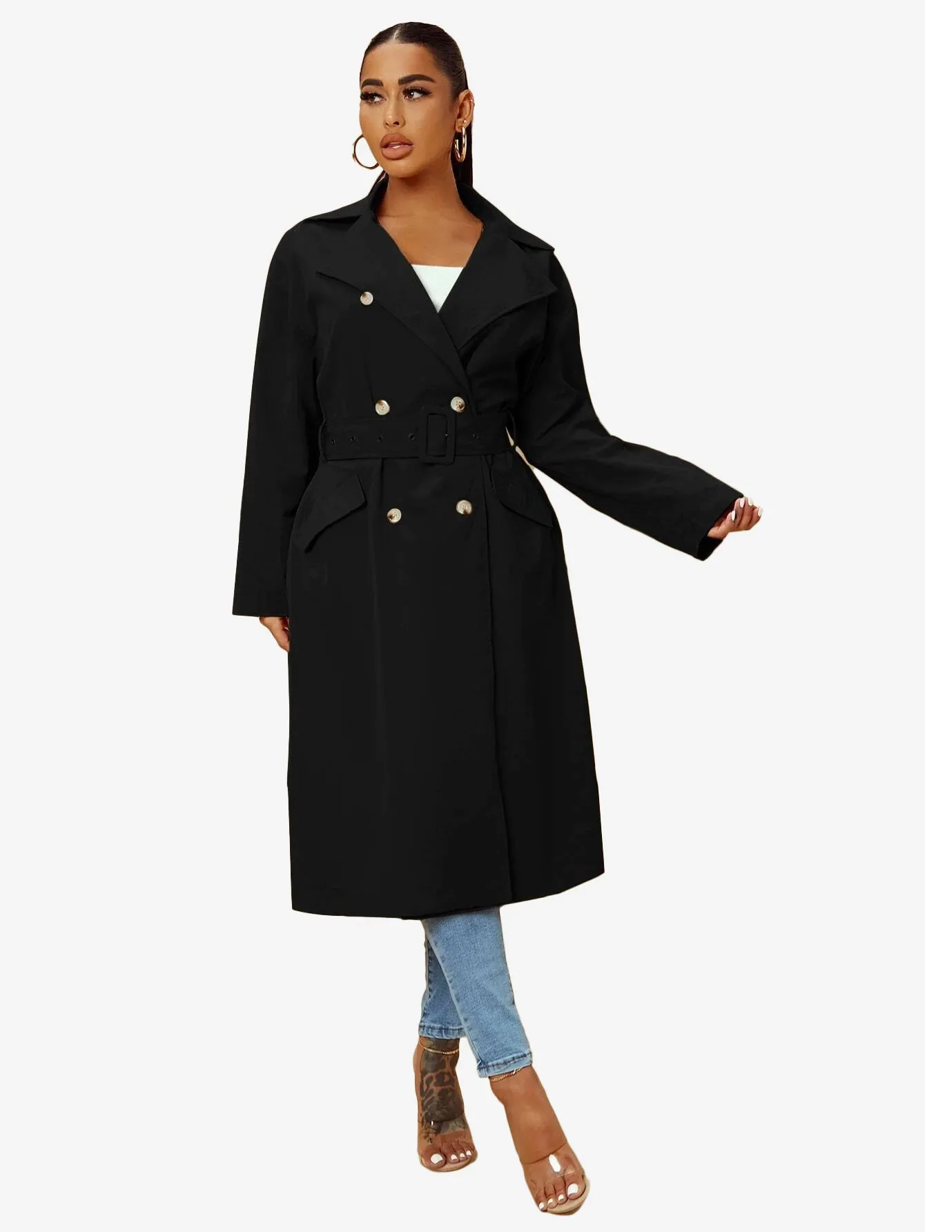 Double Breasted Lapel Neck Belted Trench Coat