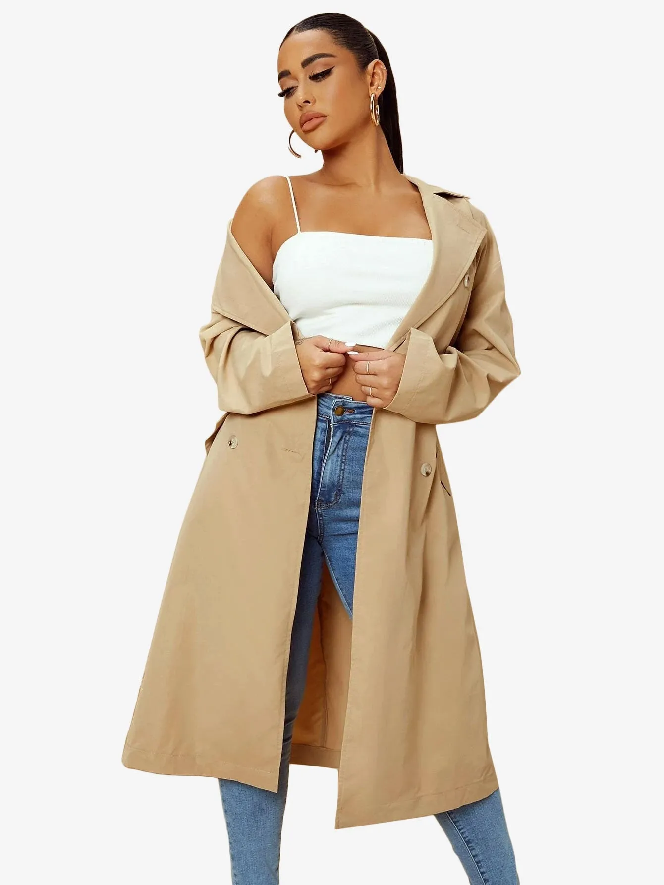 Double Breasted Lapel Neck Belted Trench Coat