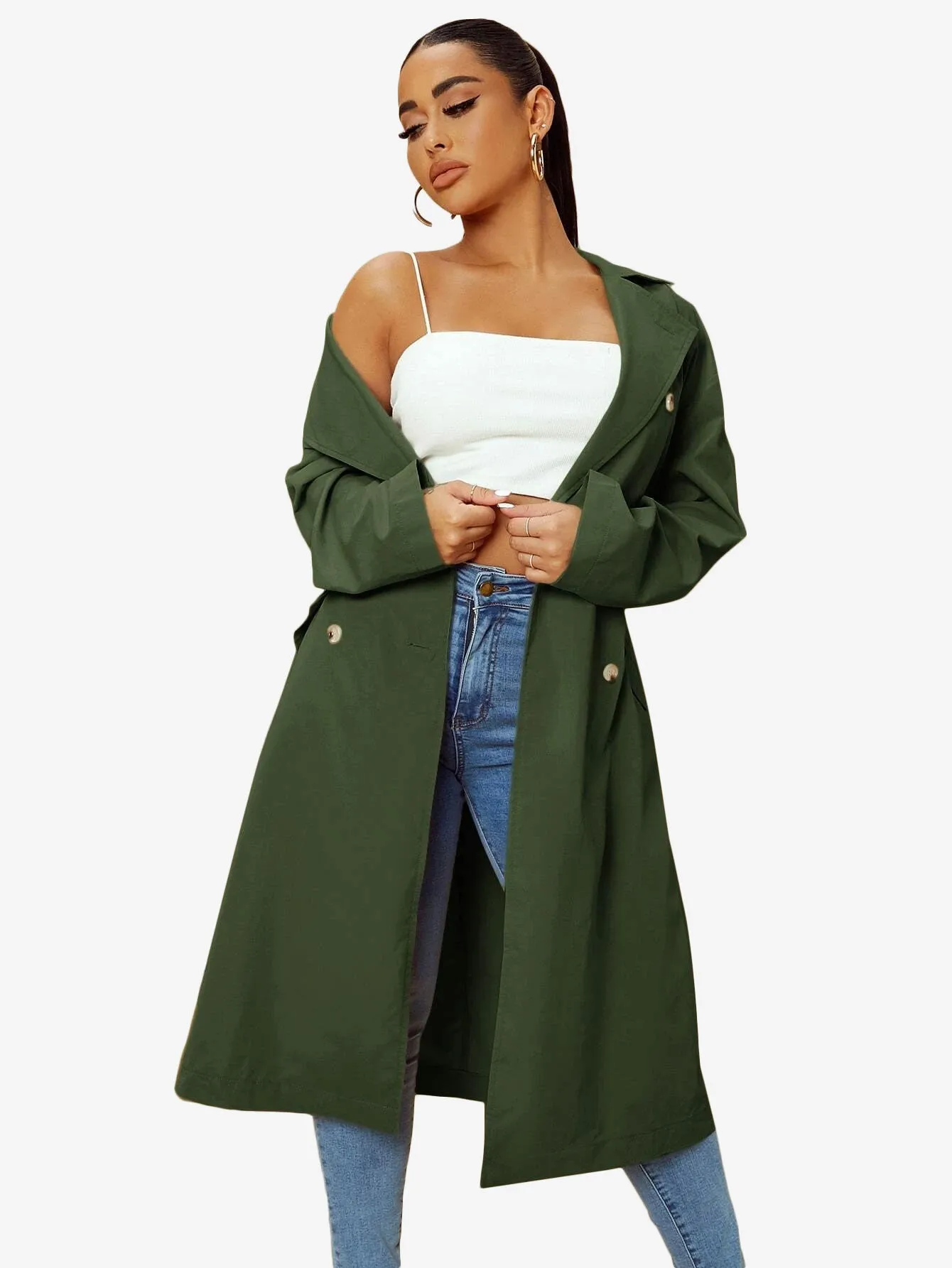 Double Breasted Lapel Neck Belted Trench Coat