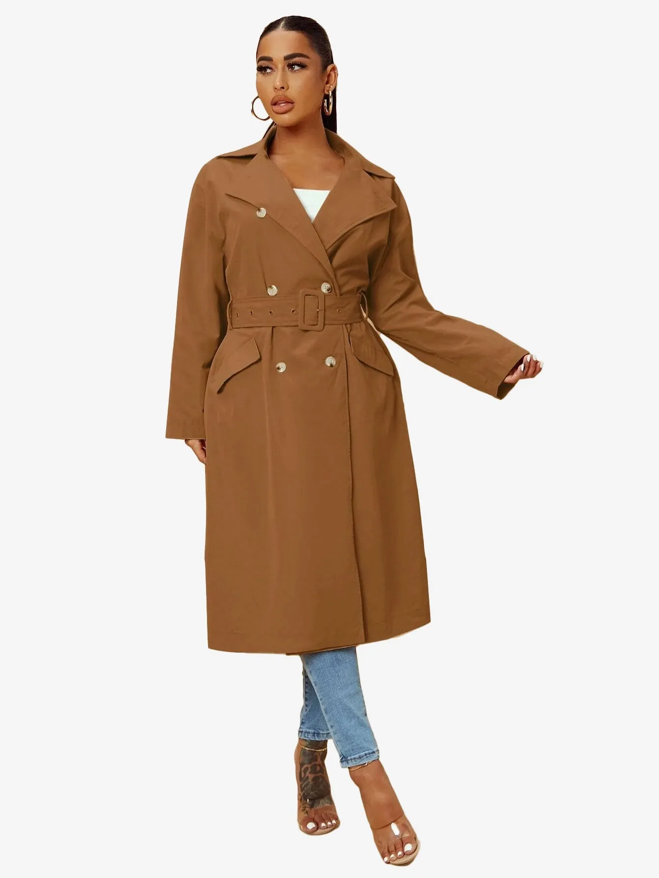 Double Breasted Lapel Neck Belted Trench Coat