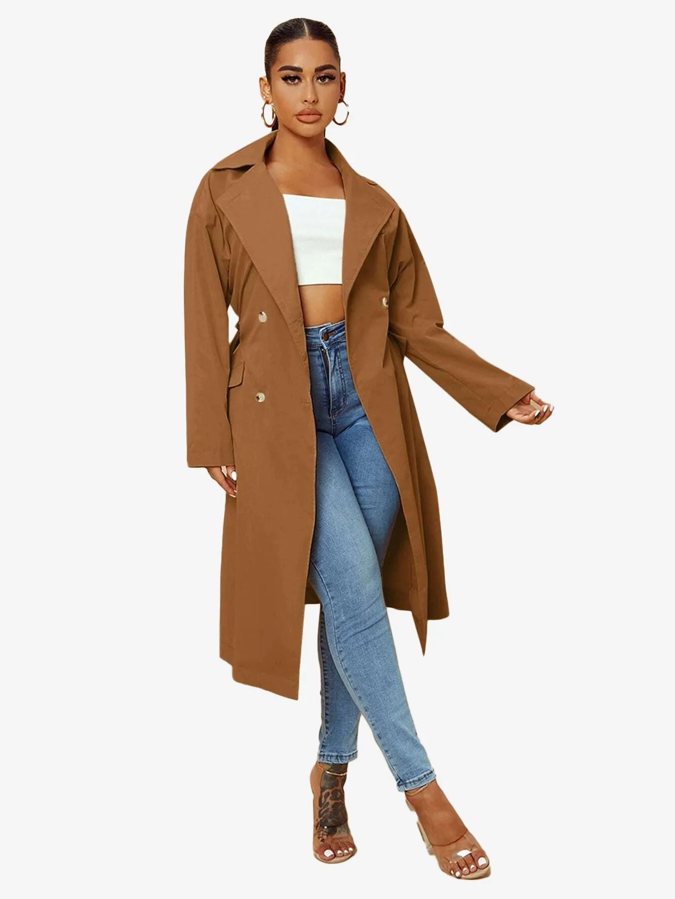 Double Breasted Lapel Neck Belted Trench Coat