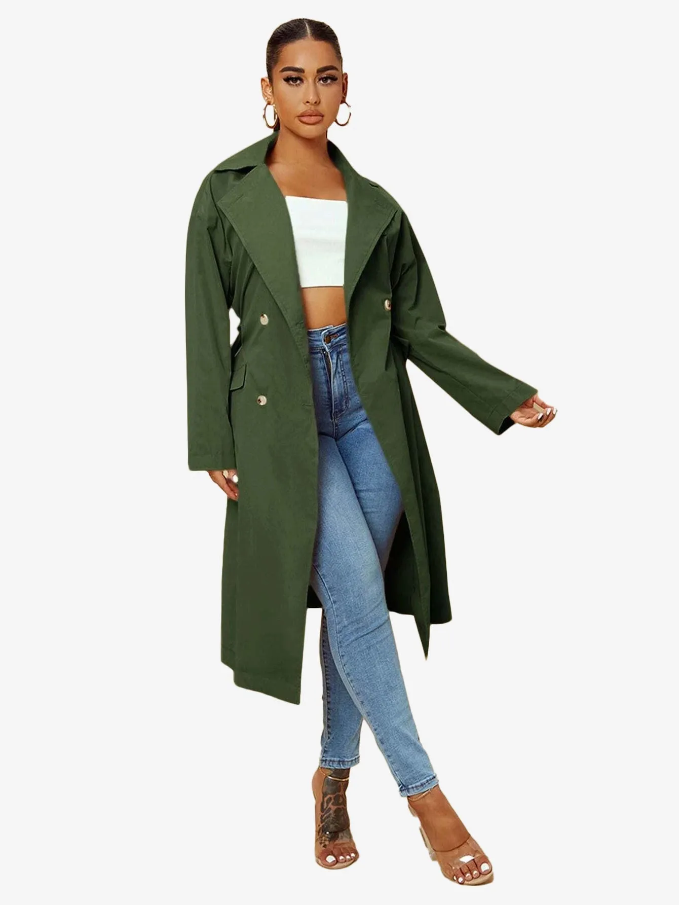 Double Breasted Lapel Neck Belted Trench Coat