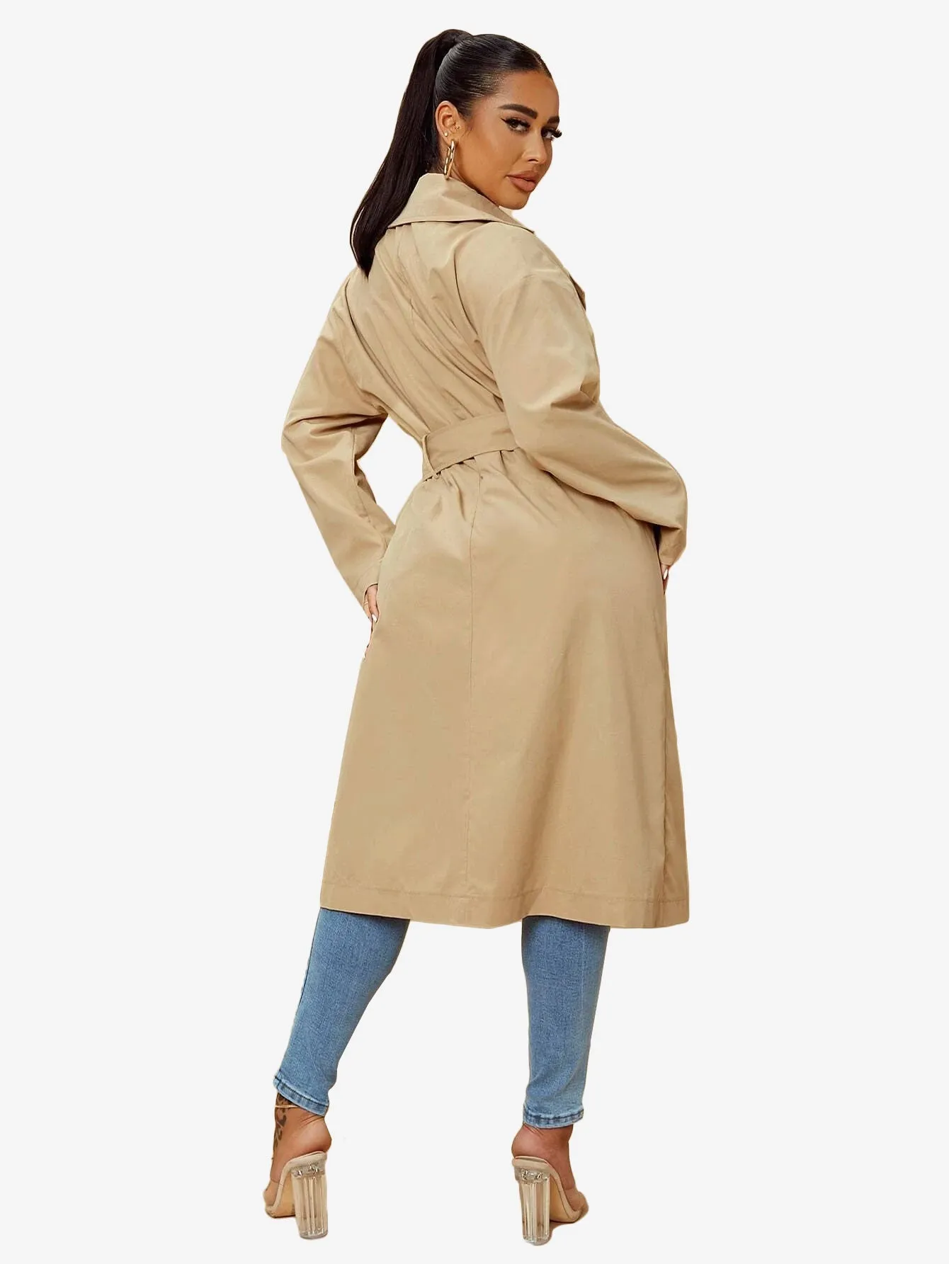 Double Breasted Lapel Neck Belted Trench Coat