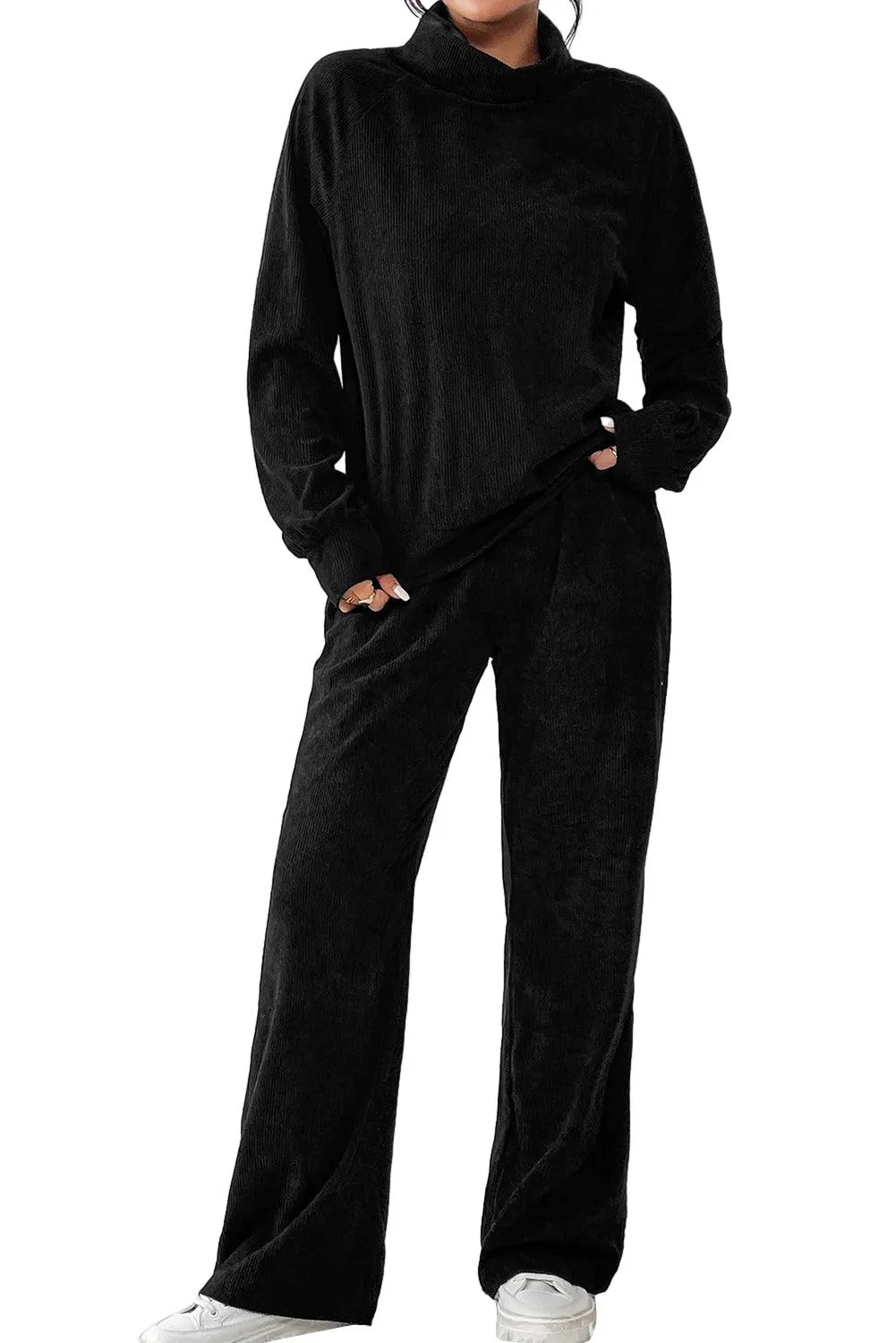 Elegant Black Corduroy High Neck Twin Set with Flared Trousers