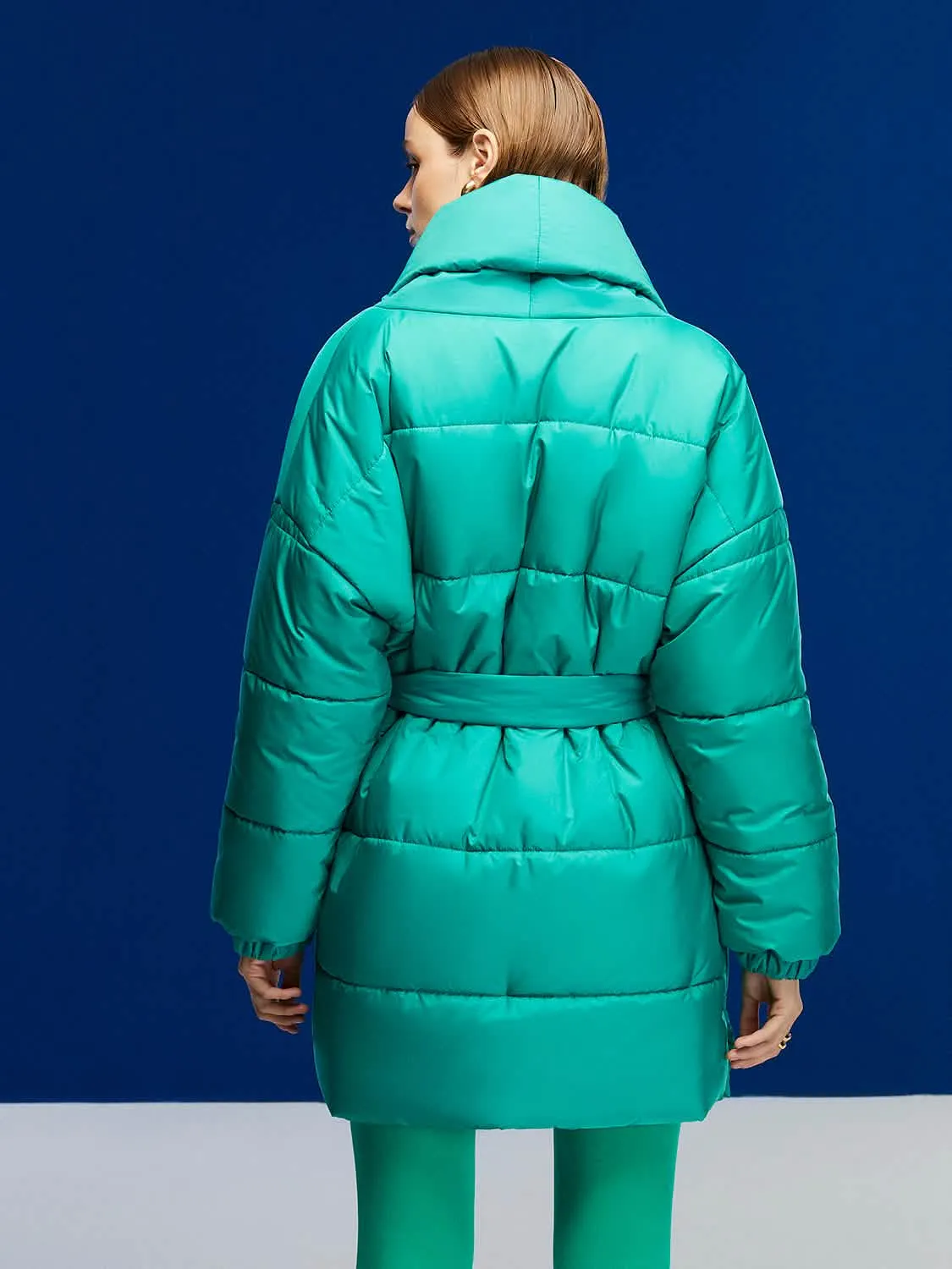 Elegant Oversized Belted Puffer Coat with Double-Breasted Closure