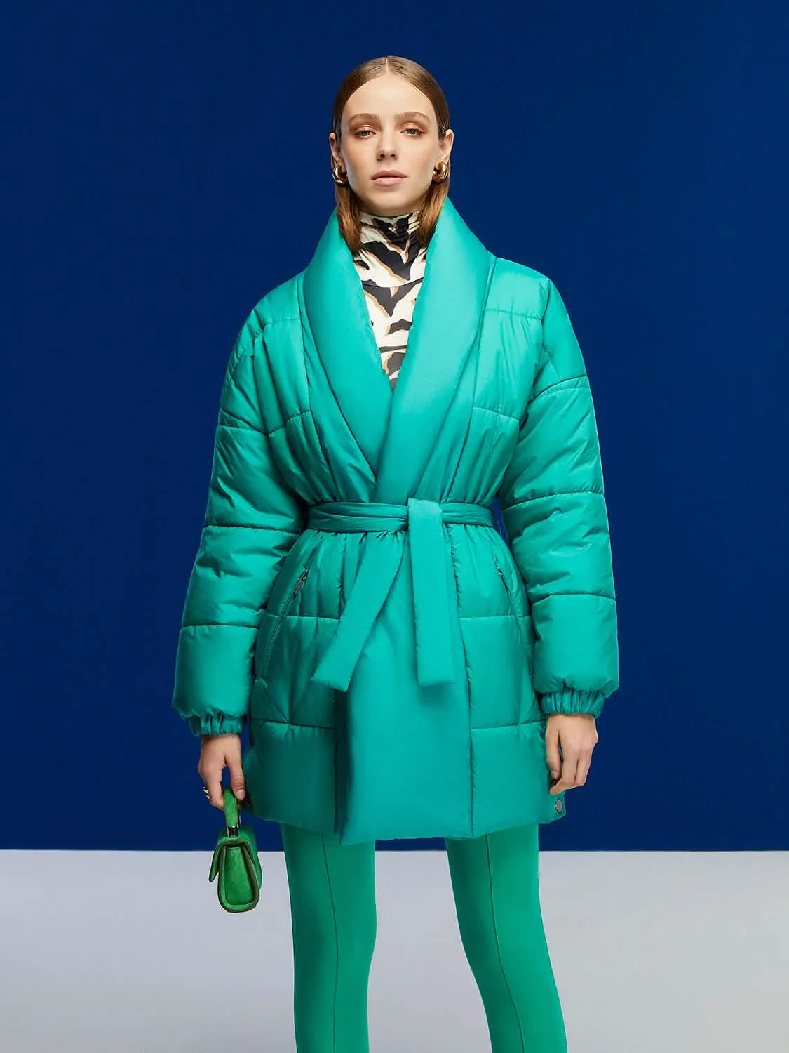 Elegant Oversized Belted Puffer Coat with Double-Breasted Closure