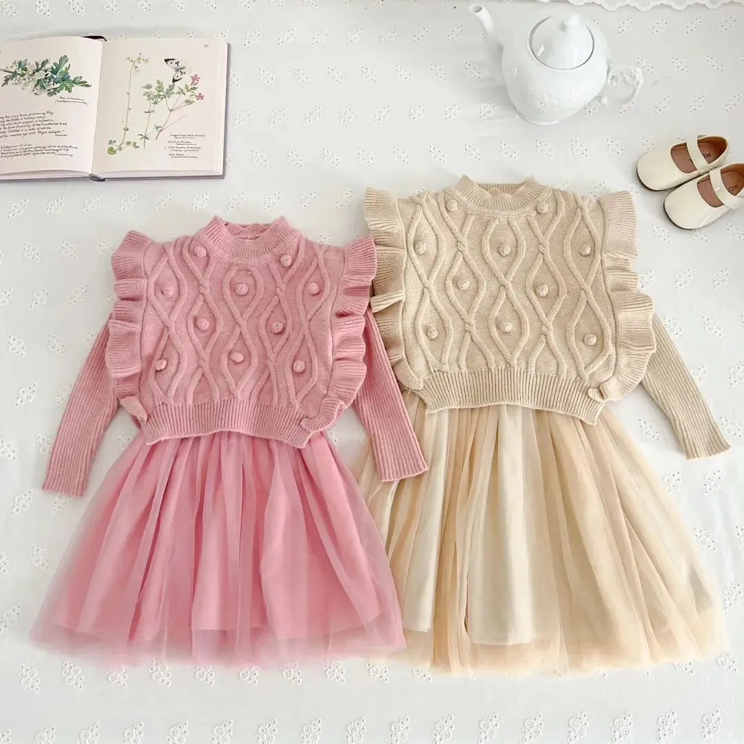 Fall Winter Children's Clothing Mesh Princess Dress Knitted Sweater Vest 2 Pcs Sets for Girls kids Cotton Knitwear Dress