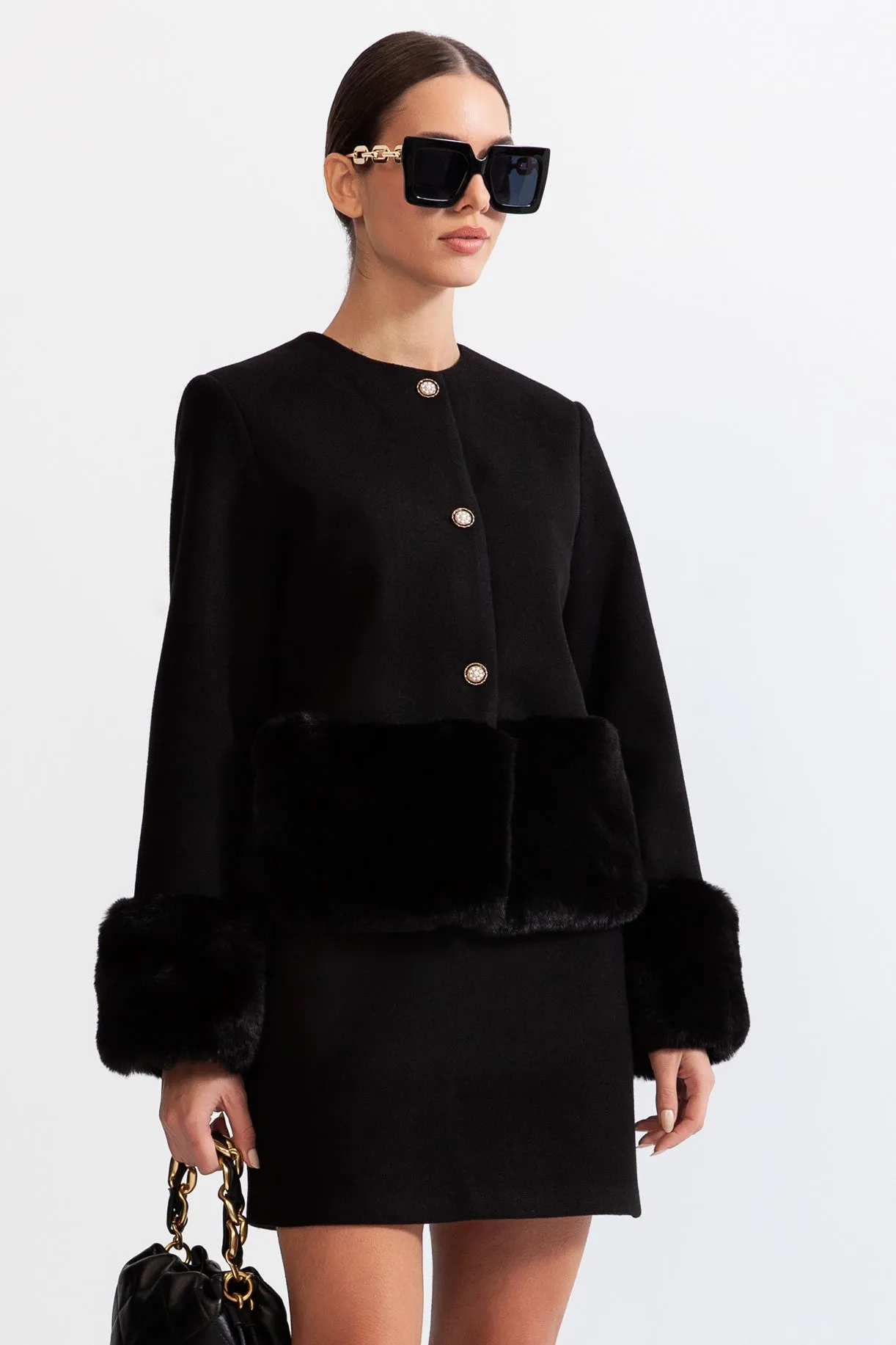 Faux fur Co-Ord with jacket and skirt - Black