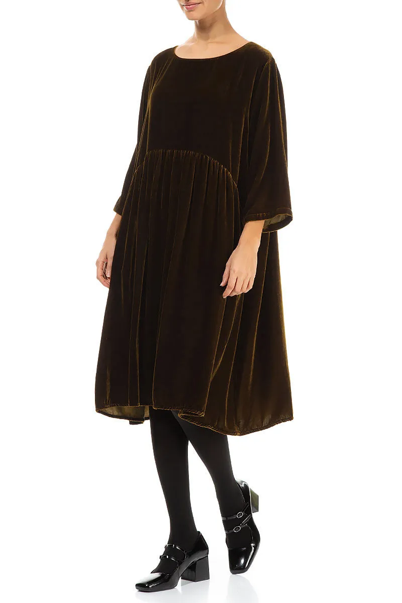 Flared Golden Sage Silk Velvet Dress