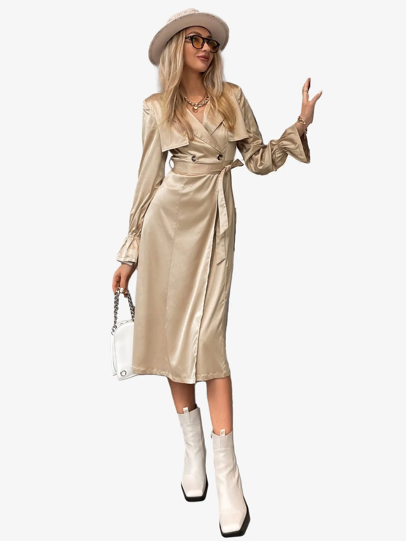 Flounce Sleeve Belted Longline Satin Trench Coat