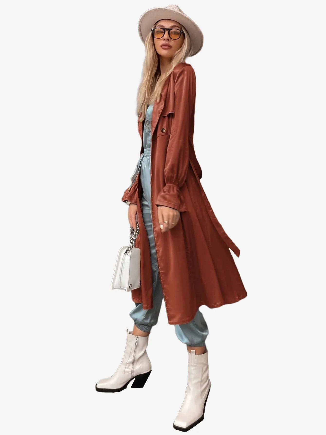 Flounce Sleeve Belted Longline Satin Trench Coat