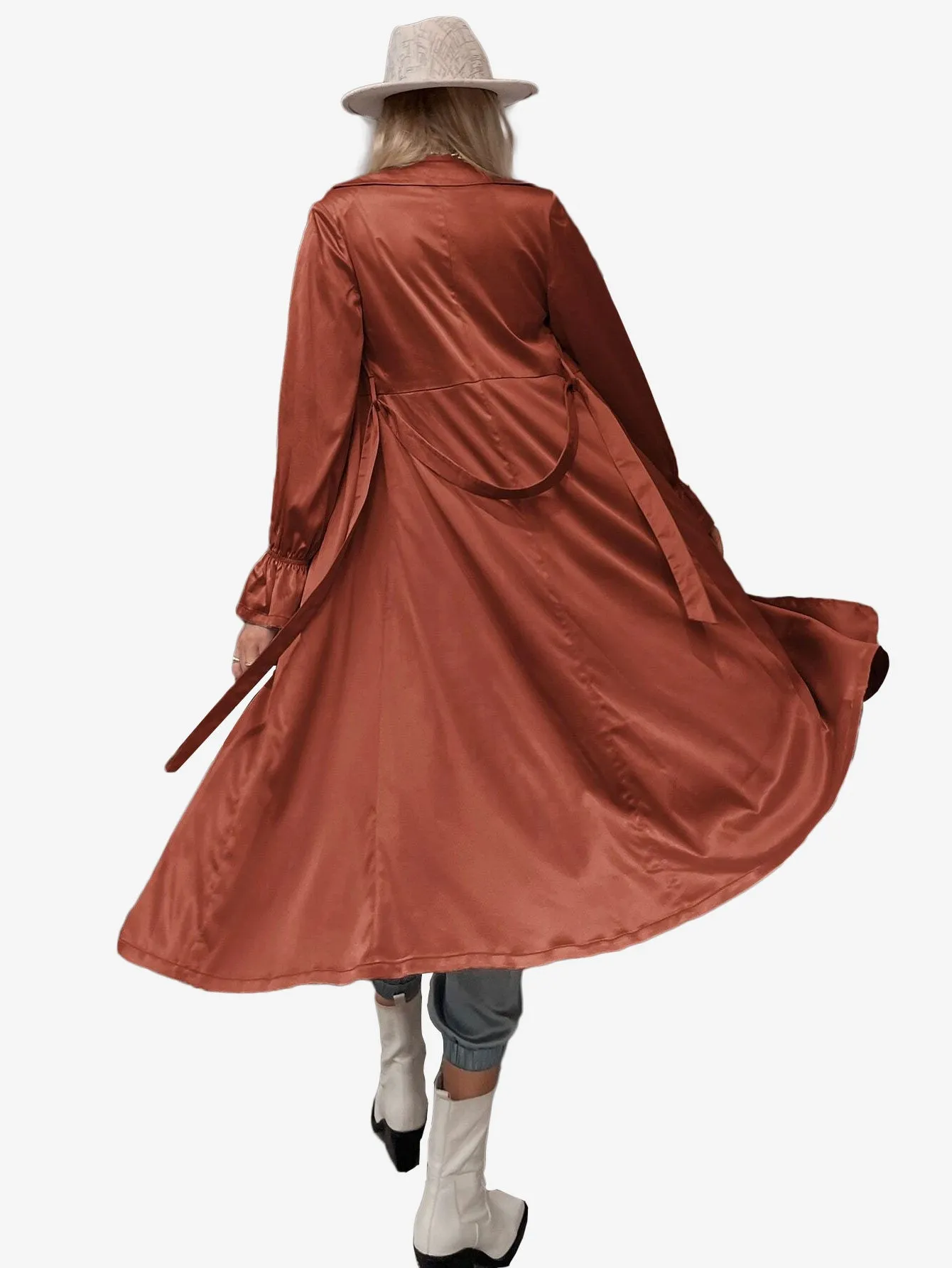 Flounce Sleeve Belted Longline Satin Trench Coat