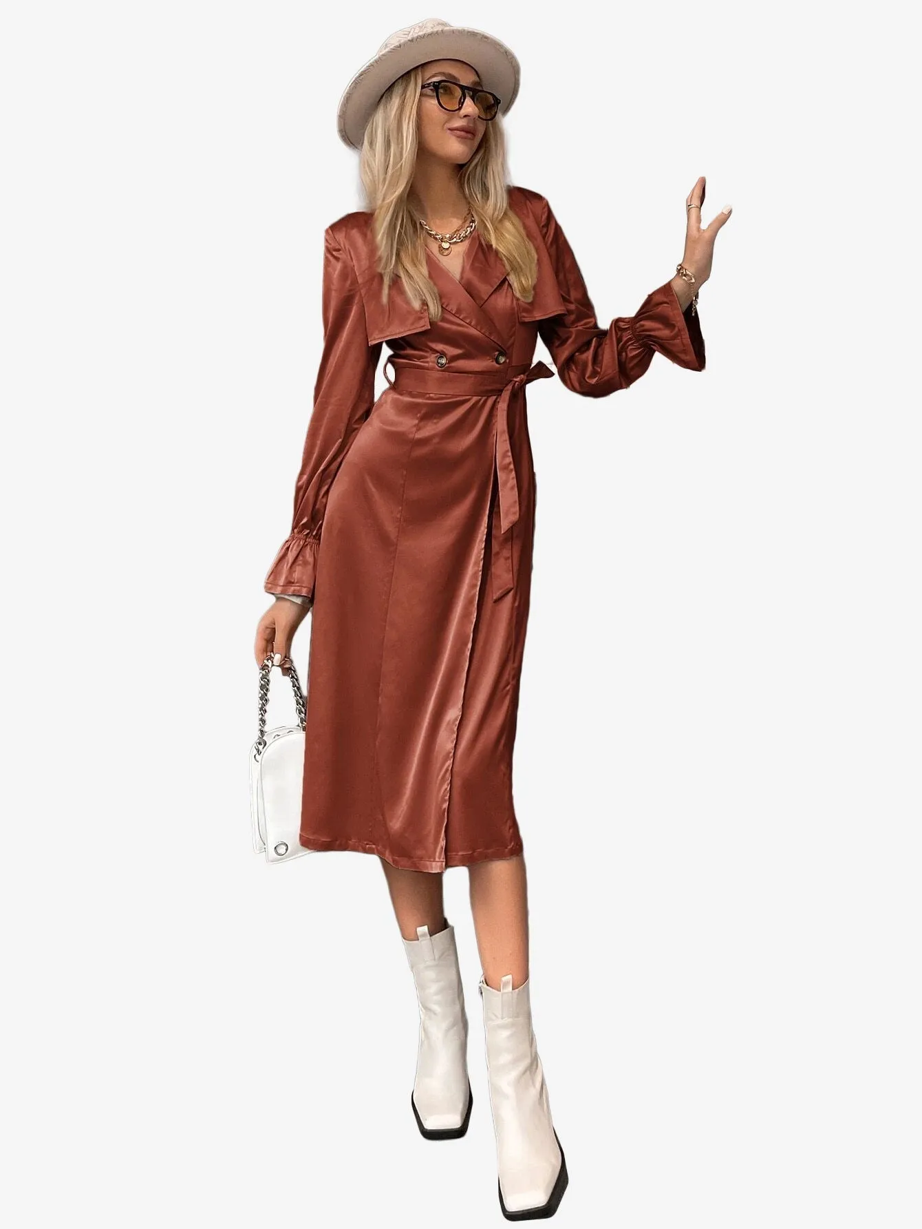 Flounce Sleeve Belted Longline Satin Trench Coat