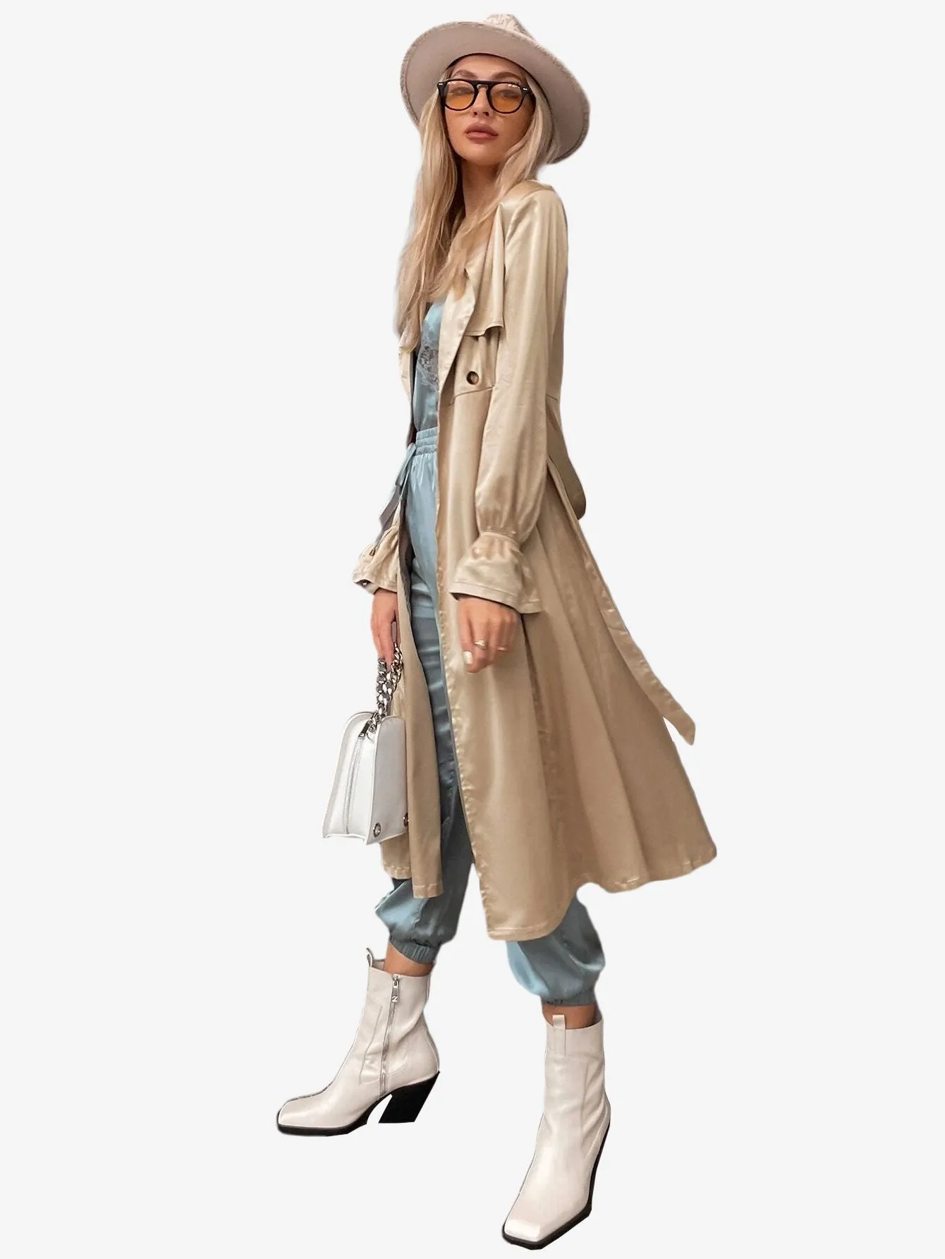 Flounce Sleeve Belted Longline Satin Trench Coat