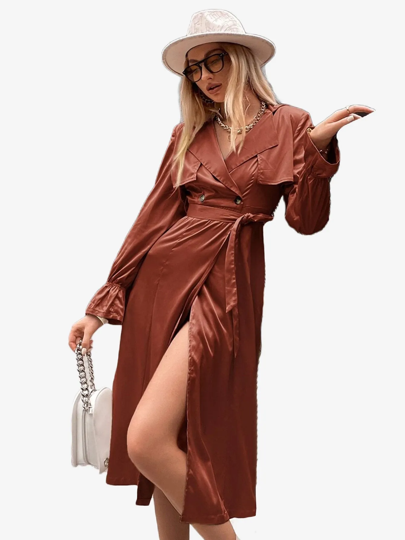 Flounce Sleeve Belted Longline Satin Trench Coat