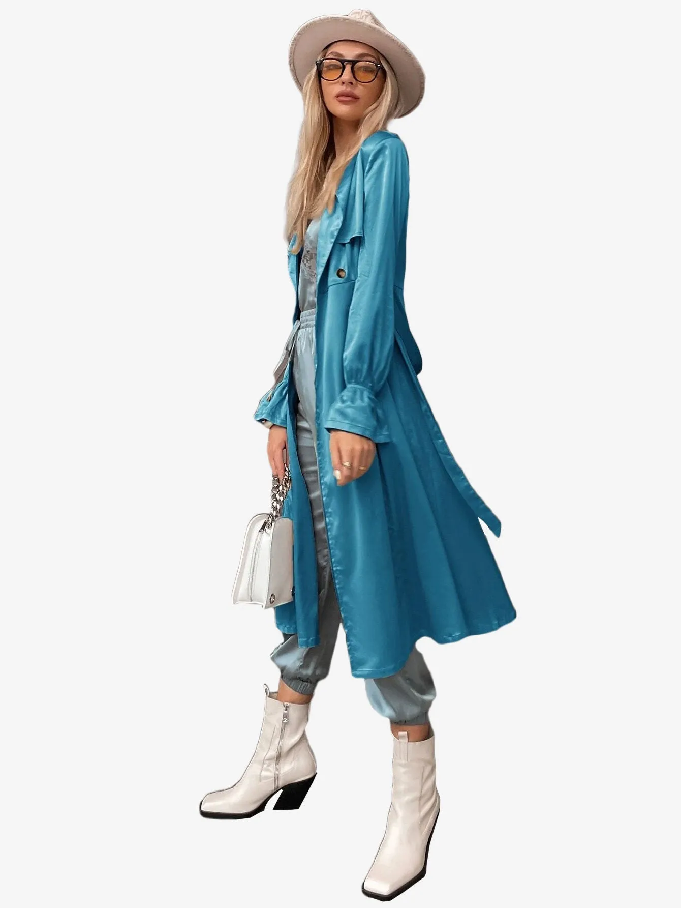 Flounce Sleeve Belted Longline Satin Trench Coat