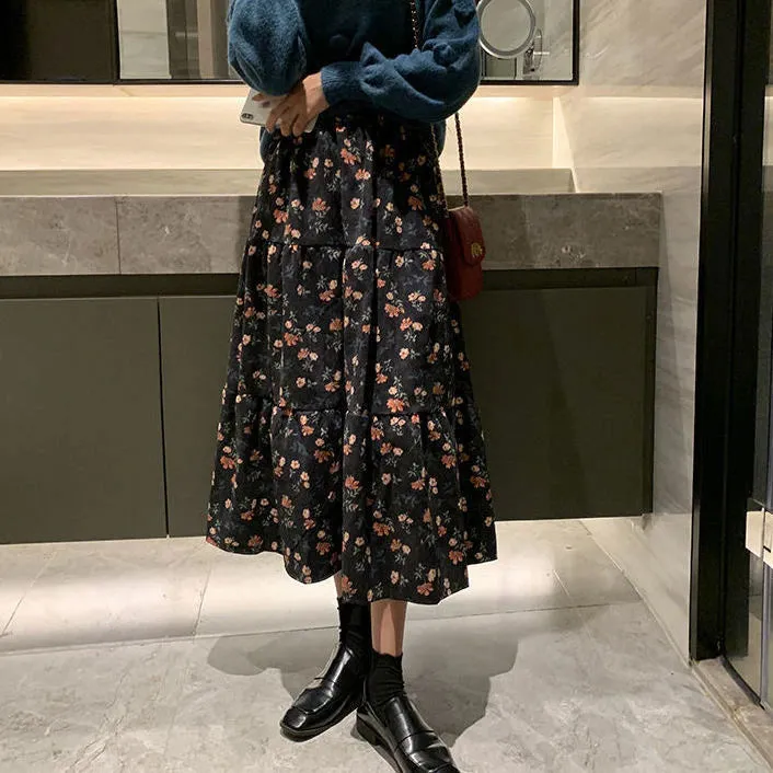 Flytonn-cute winter outfits casual winter outfits christmas outfit party look inspos High Waist A-Line Flower Printed Corduroy Long Skirt