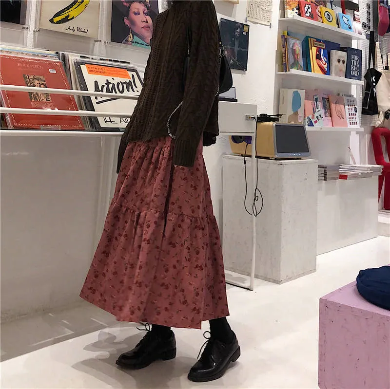 Flytonn-cute winter outfits casual winter outfits christmas outfit party look inspos High Waist A-Line Flower Printed Corduroy Long Skirt