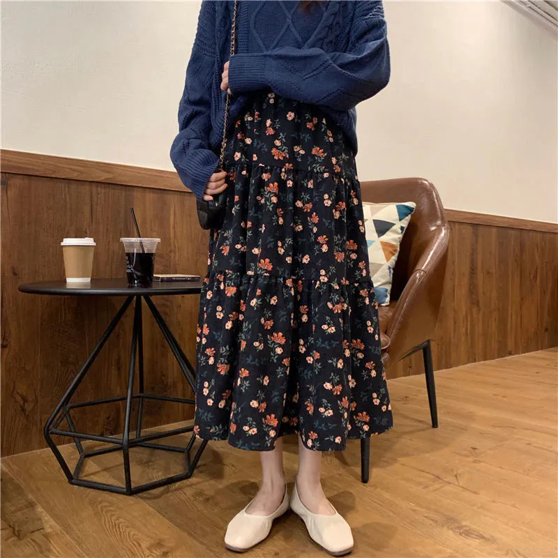 Flytonn-cute winter outfits casual winter outfits christmas outfit party look inspos High Waist A-Line Flower Printed Corduroy Long Skirt