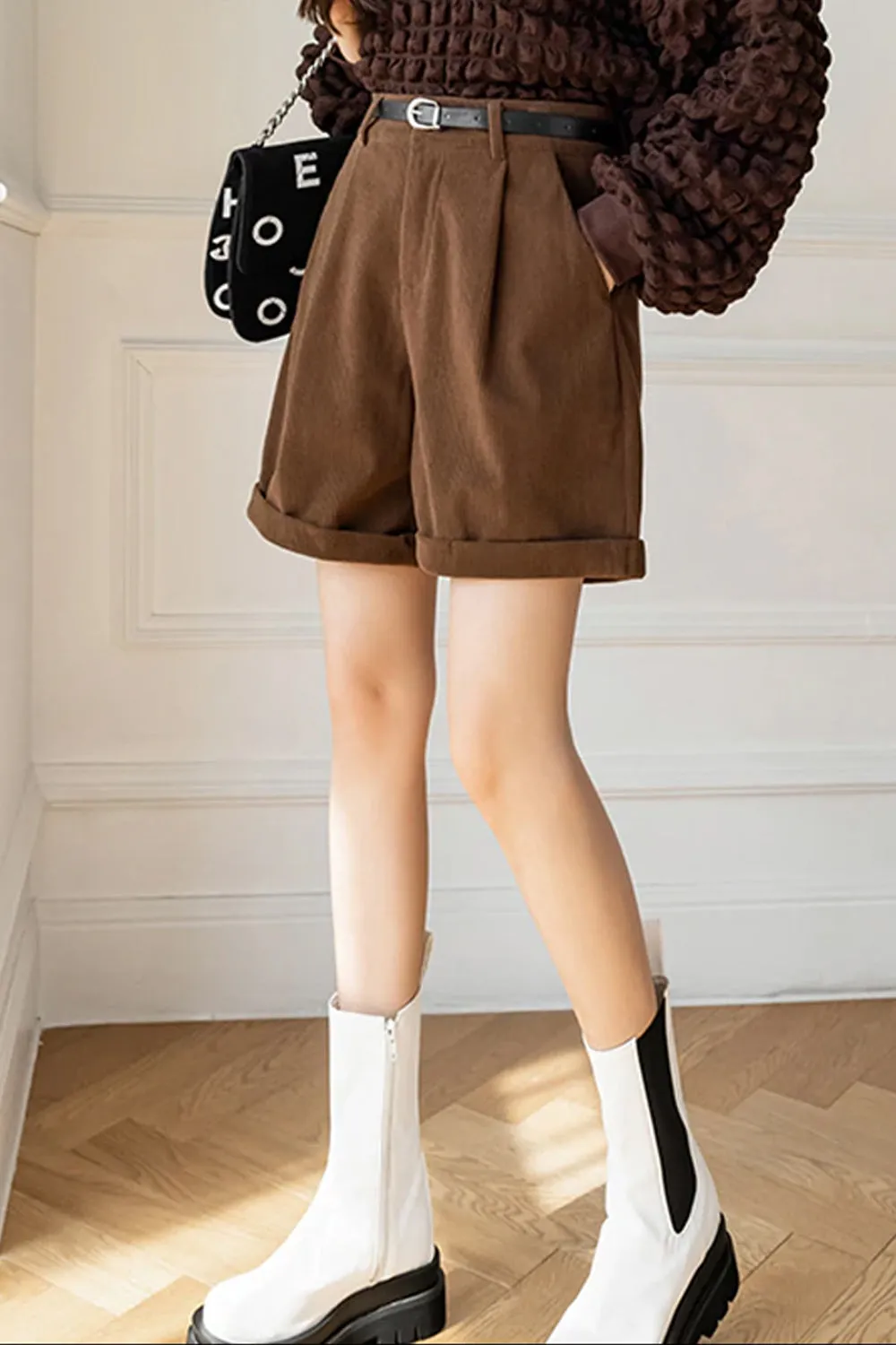 Flytonn-cute winter outfits casual winter outfits christmas outfit party look inspos High Waist Retro Loose Corduroy Shorts with Belt