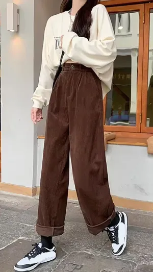 Flytonn-cute winter outfits casual winter outfits christmas outfit party look inspos High Waist Vintage Corduroy Long Pants