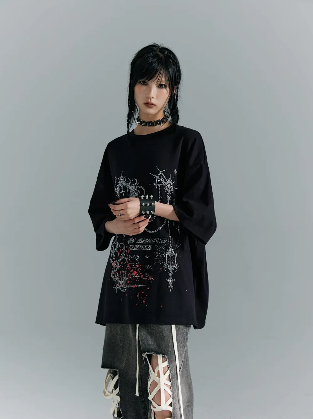 Frustration Garden Gothic Punk Oversized T-Shirt - Black With Abstract Grunge Print And Red Splatter