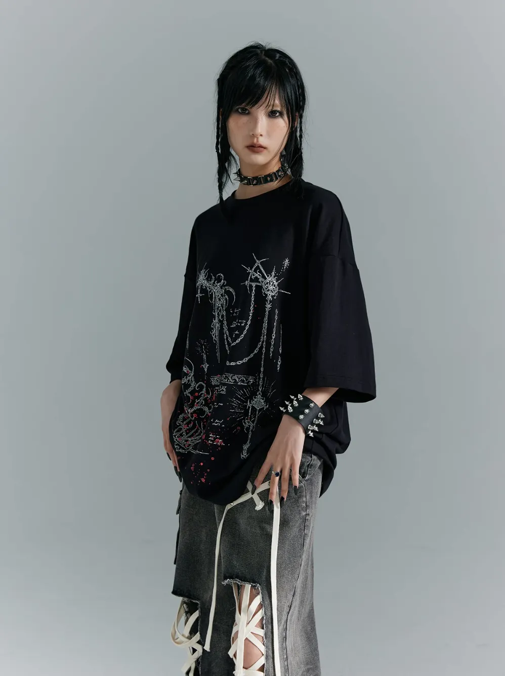 Frustration Garden Gothic Punk Oversized T-Shirt - Black With Abstract Grunge Print And Red Splatter