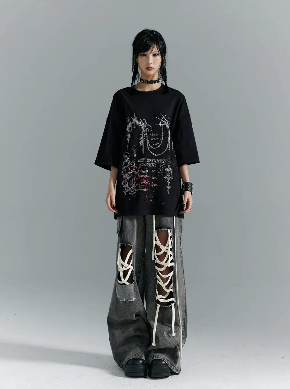 Frustration Garden Gothic Punk Oversized T-Shirt - Black With Abstract Grunge Print And Red Splatter