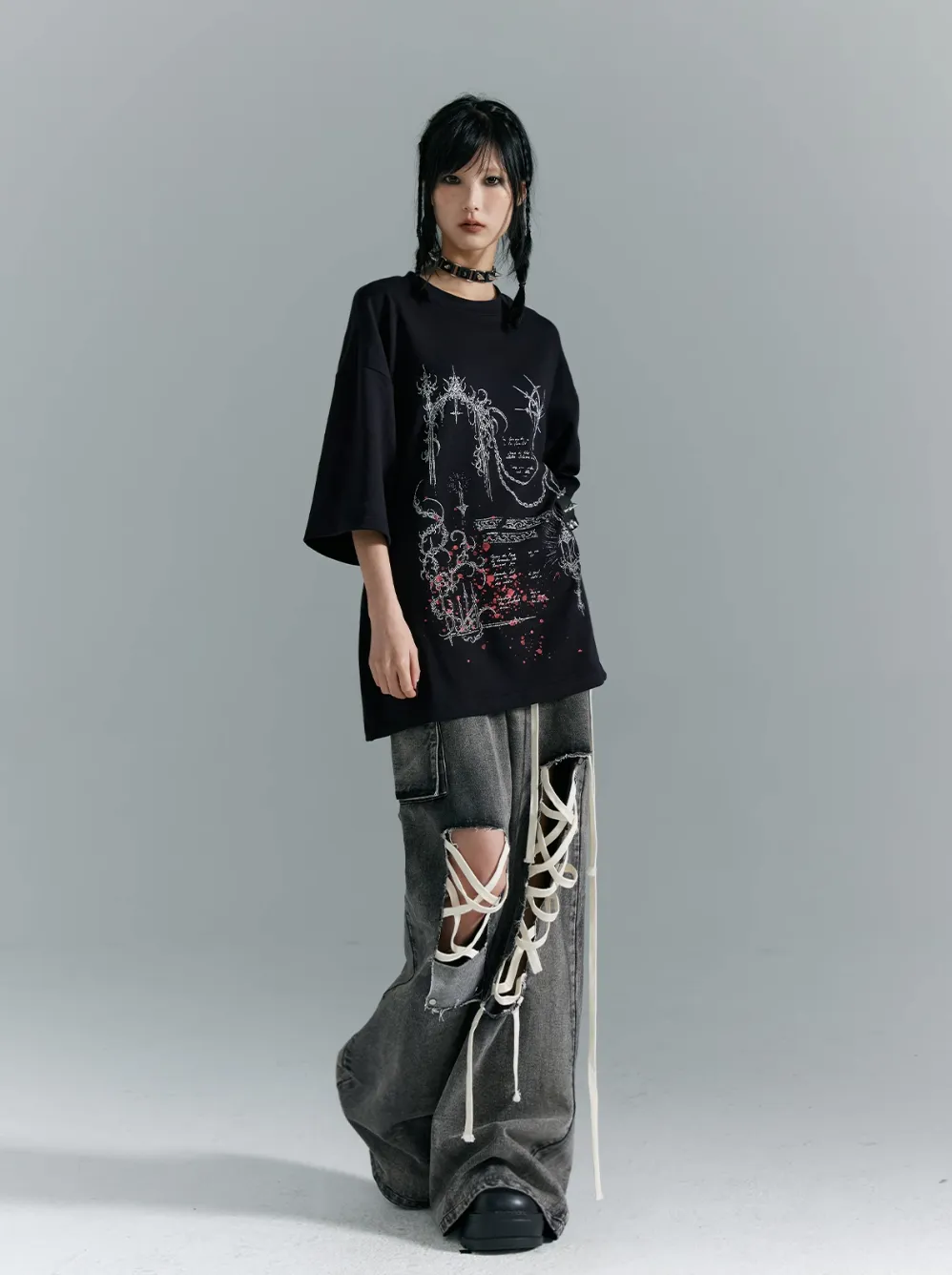 Frustration Garden Gothic Punk Oversized T-Shirt - Black With Abstract Grunge Print And Red Splatter