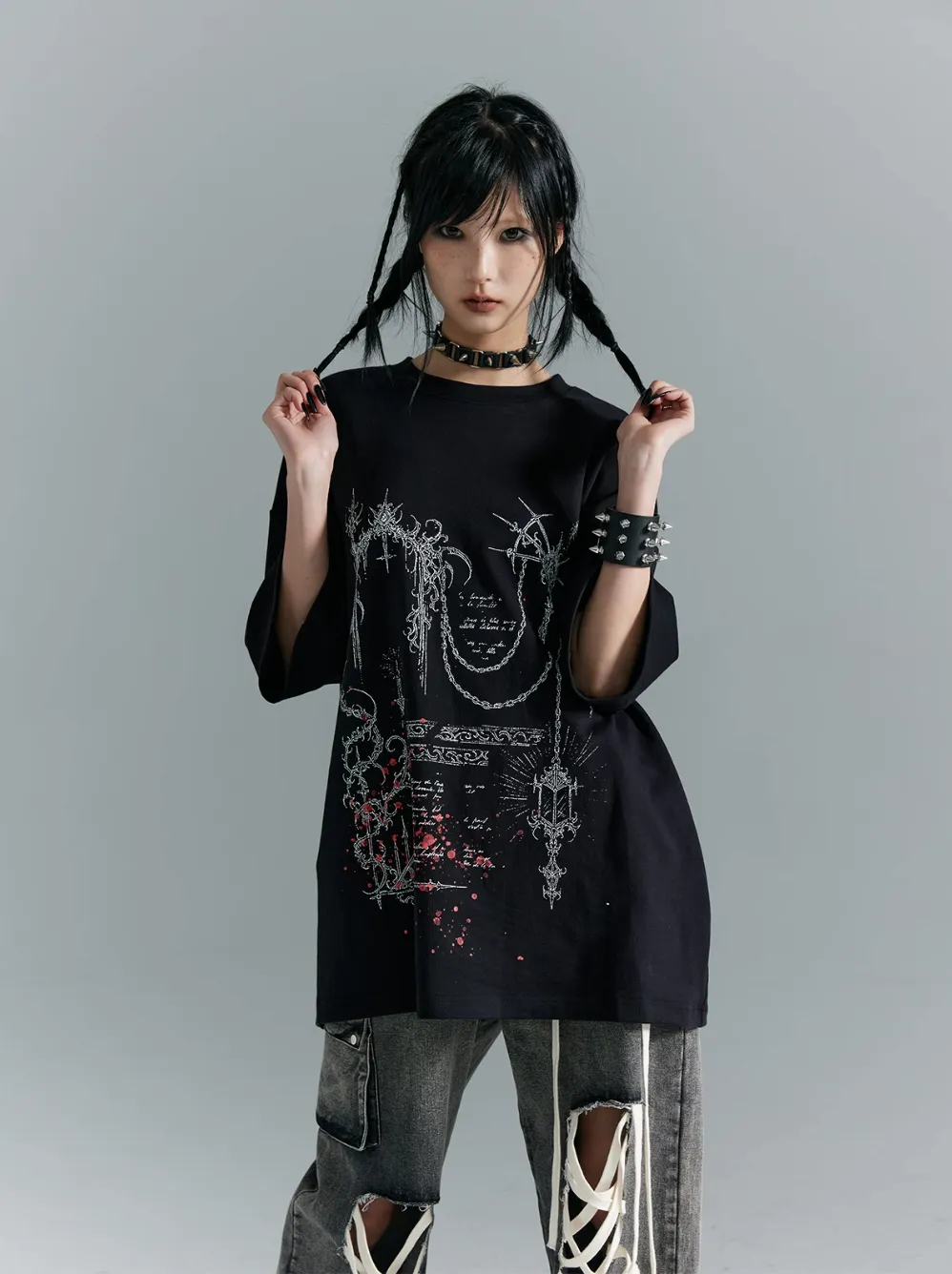 Frustration Garden Gothic Punk Oversized T-Shirt - Black With Abstract Grunge Print And Red Splatter