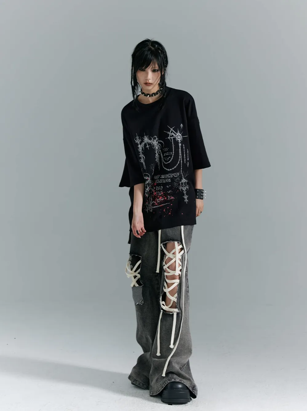 Frustration Garden Gothic Punk Oversized T-Shirt - Black With Abstract Grunge Print And Red Splatter